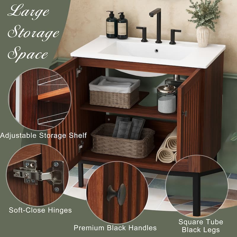 30 Inch Bathroom Vanity with Ceramic Sink,Soft-Close Doors (Fence-Design)