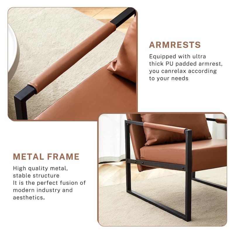Set of 1 Classic Brown PU Leather and Metal Frame Sofa, A Perfect Blend of Modern and Industrial Styles