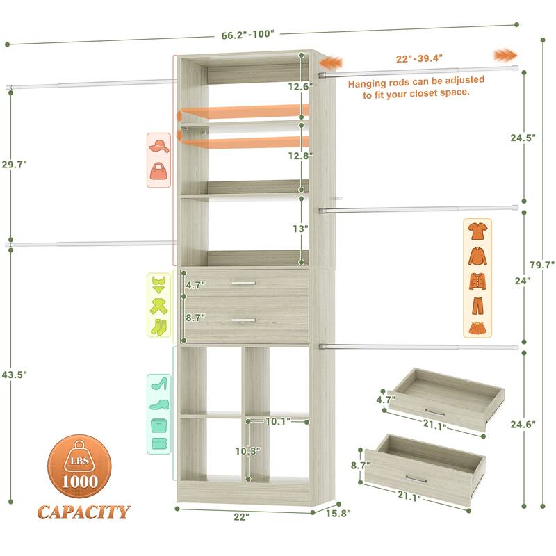 66''-100'' Walk-in Closet Organizer with 5 Hanging Rods and 2 Wooden Drawers，4-8FT Sturdy Closet System with Storage Shelves