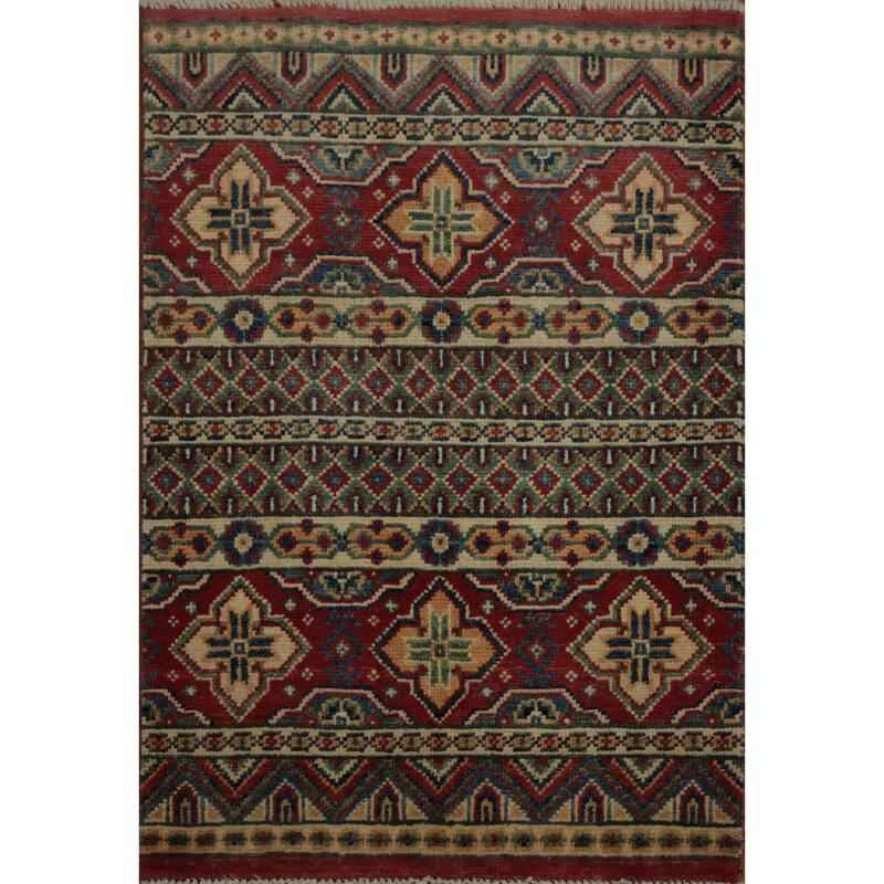 Hand Knotted Oriental 100% Wool Carpet Traditional Geometric Red Kazak Area Rug - 2' 11'' X 2' 0''