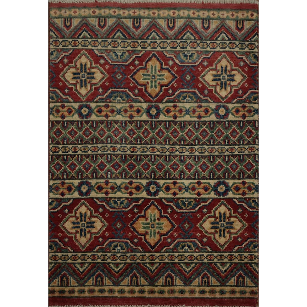 Hand Knotted Oriental 100% Wool Carpet Traditional Geometric Red Kazak Area Rug - 2' 11'' X 2' 0''