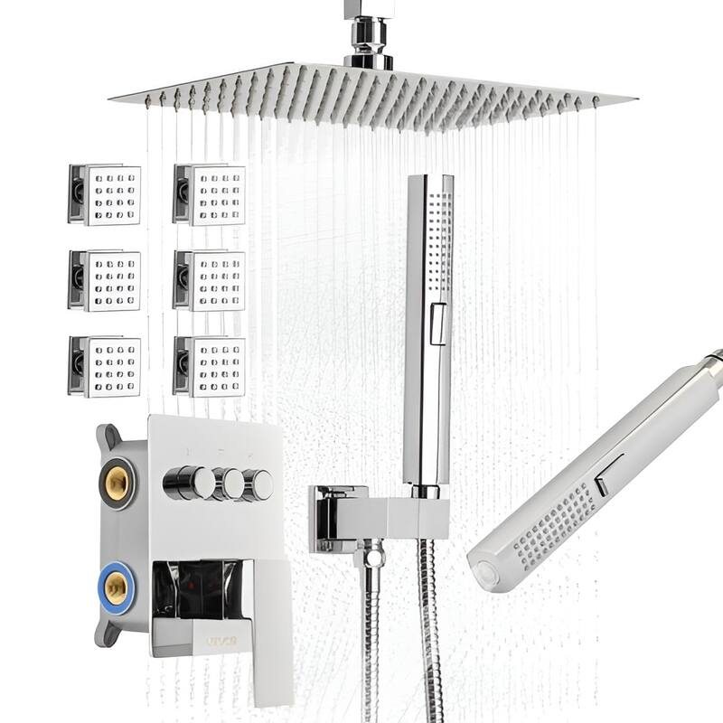 Chrome 3-Function Rainfall Shower System with 6 Body Jets and Handheld Spray for Home Spa - 10 Inch