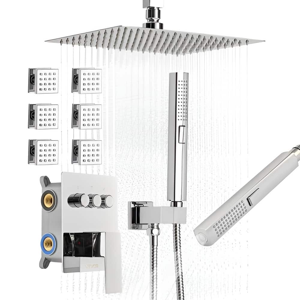 Chrome 3-Function Rainfall Shower System with 6 Body Jets and Handheld Spray for Home Spa - 10 Inch