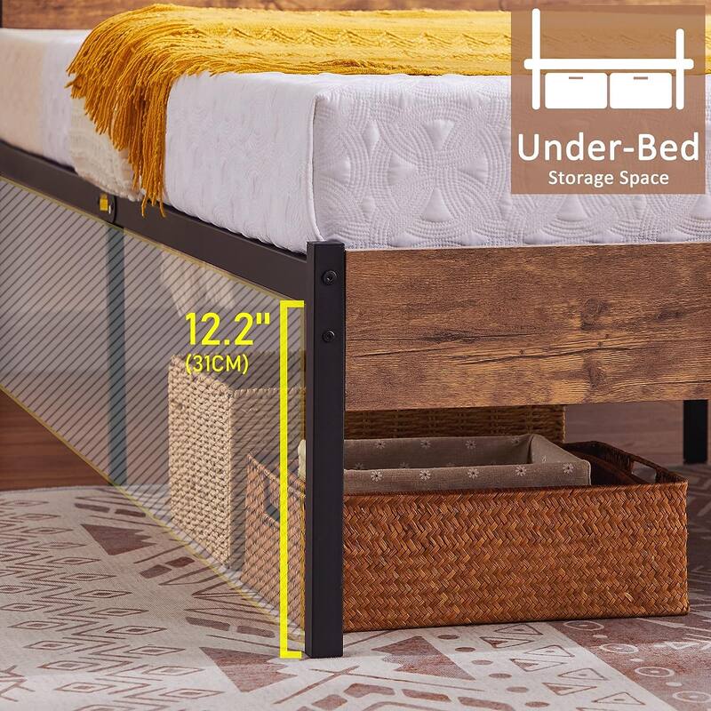 VECELO Beds Industrial Platform Bed Frame with Wood Headboard,Easy Set up