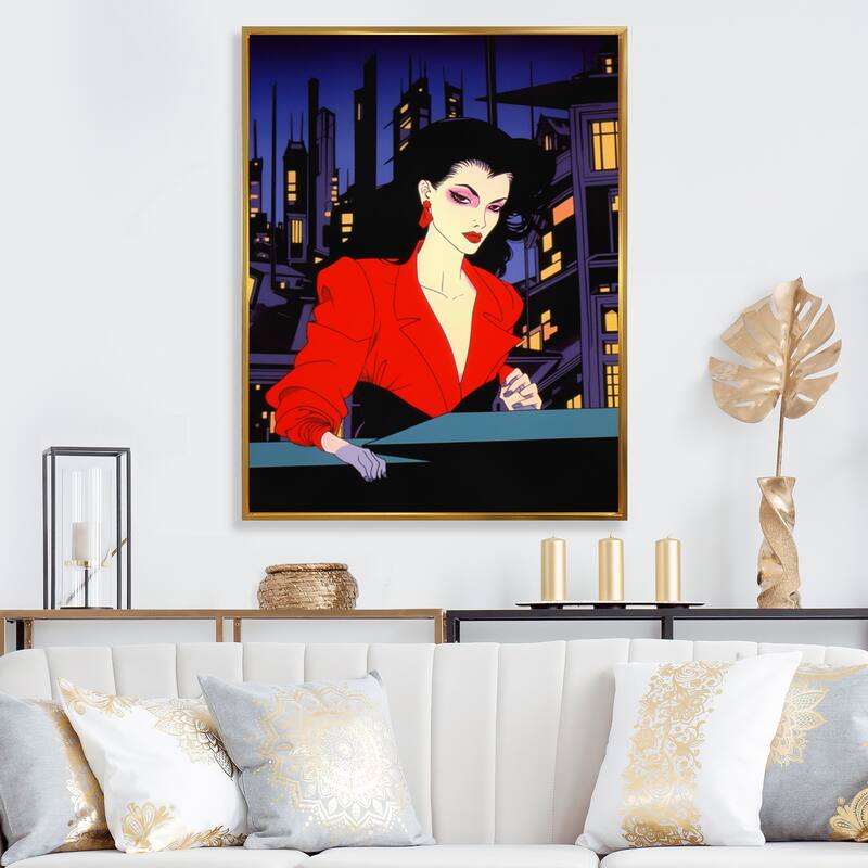 Designart "Pop Art Nightlife Diva I" Woman Pop Art Framed Wall Art Living Room - 12 in. wide x 20 in. high - Gold