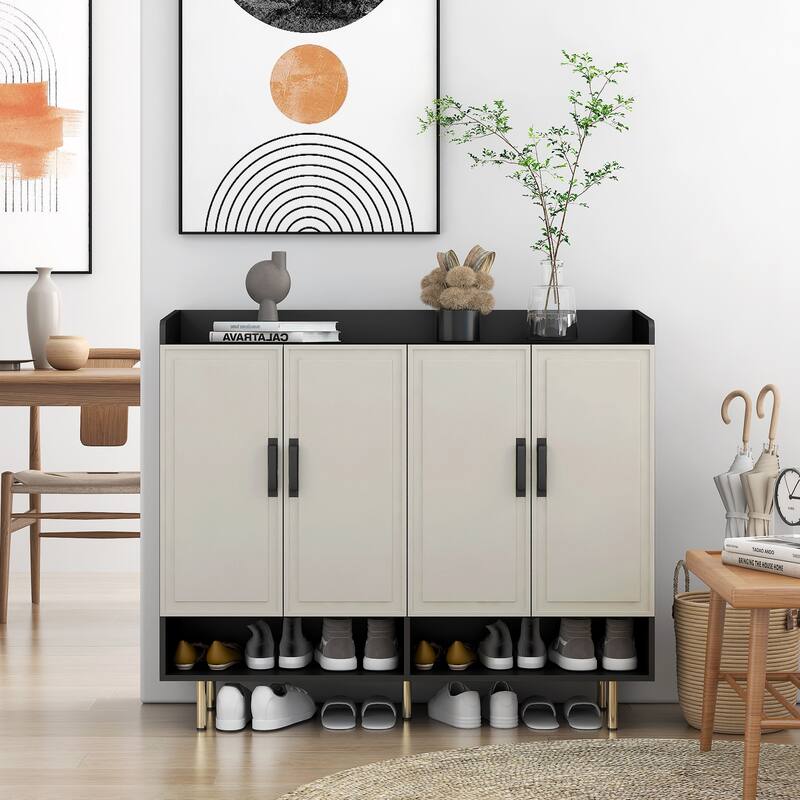 Modern Shoe Cabinet with 4 Doors, Shoe Storage Organizer with Adjustable Shelves for Entryway - Black White