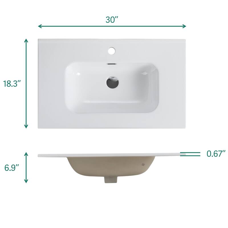 GDFStudio - Modern Sleek Rounded Edges Integrated Ceramic Basin with Glossy Finish, Drain Not Included