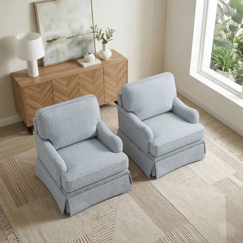 Set of 2 Chenille Swivel Accent Chair with Nailhead Trim Skirt