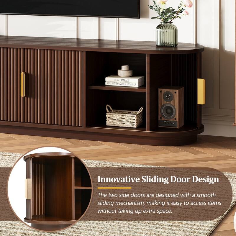 Farmhouse TV Stand with Sliding Tambour Door for 75-Inch TVs, Fluted Media Console with Adjustable Shelves and Golden Handles