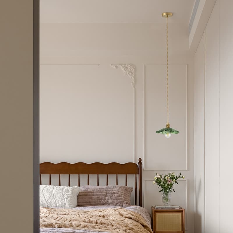 Modern 1- Light Pendant Bottle Green Tinted Glass Shade with Electroplated Brass Finish