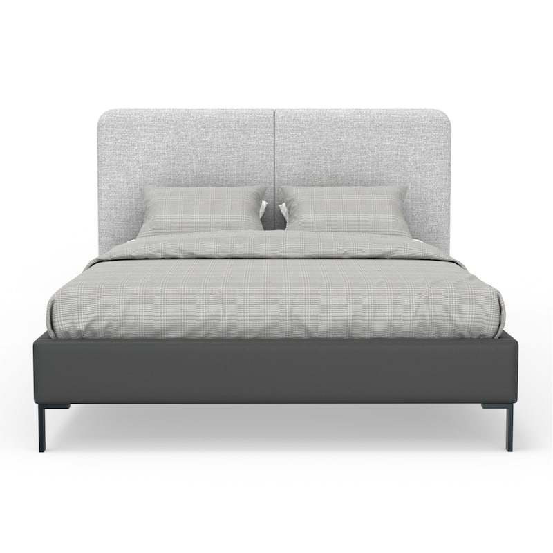 Modern Platform Bed - Grey Linen Headboard & Faux Leather Footboard - Metal Leg Bed Frame - 74" Wide
