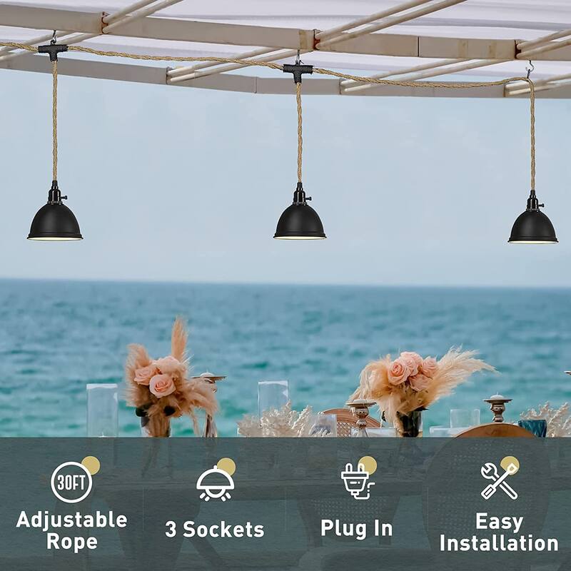 3-Light Pendant Light with Plug in Cord - 29FT Industrial Hanging Lamp with Twisted Hemp Rope Independent Switch