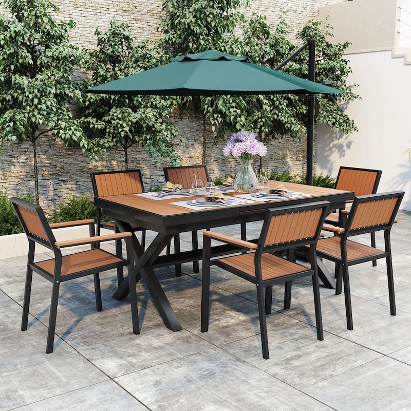 Outdoor Plastic Wood Chairs Set with Six Chairs and a Table (Set of 7) - Black