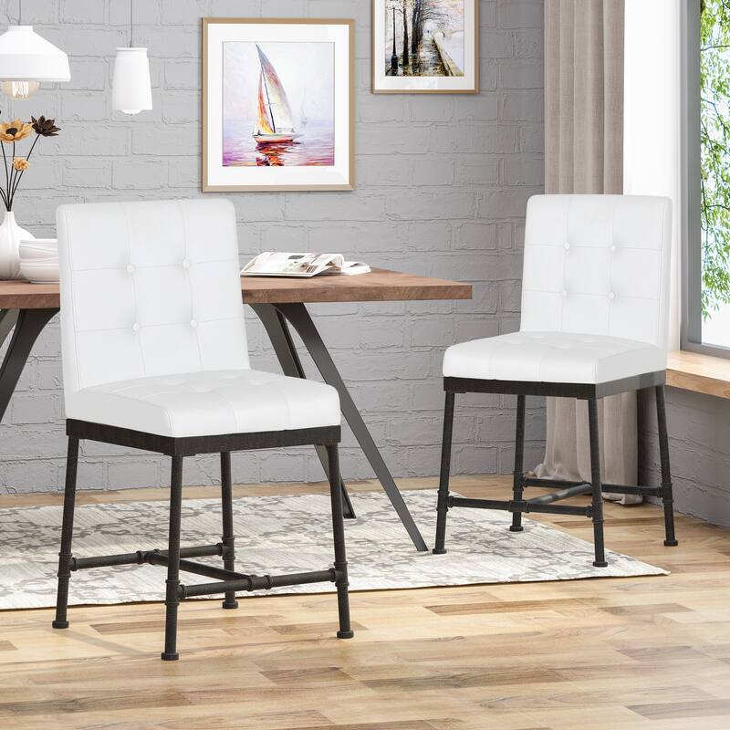 Modern Set of 2 Bar Stools with Button Tufted Leather Back, Upholstered Seat, Metal Legs for Kitchen Island Bar and Dining Room