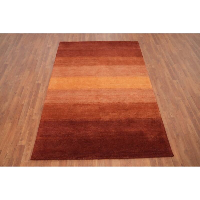 Hand Knotted Oriental 100% Wool Carpet Modern Stripe Oranges & Rust Gabbeh Area Rug - 7' 7'' X 5' 2''