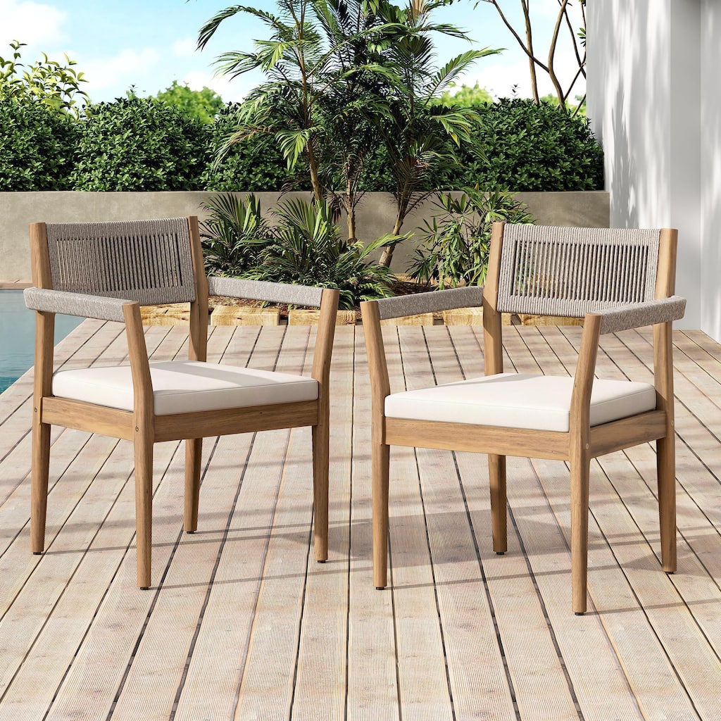 Braided Acacia Wood Outdoor Dining Chairs Set of 2, Armrests - All-Weather Patio Furniture