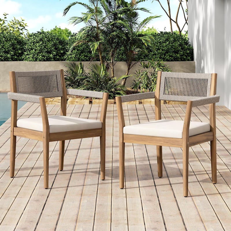 Braided Acacia Wood Outdoor Dining Table and Chairs Set of 6, All-Weather Patio Furniture for Garden, Poolside, and Backyard