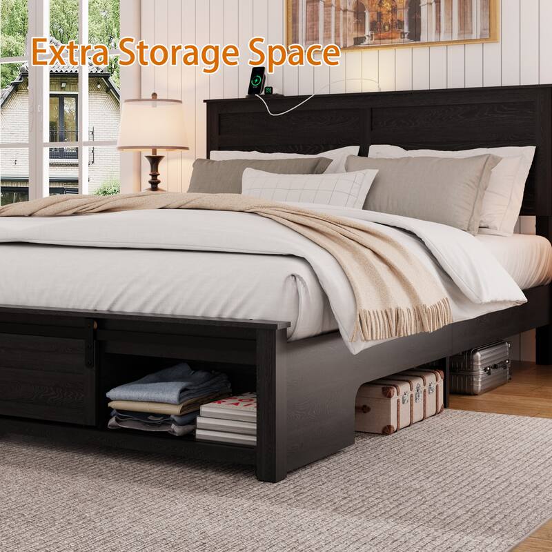 Roomfitters Bed Frame with Upholstered Headboard, Storage Headboard, Charging Station, Wood Platform