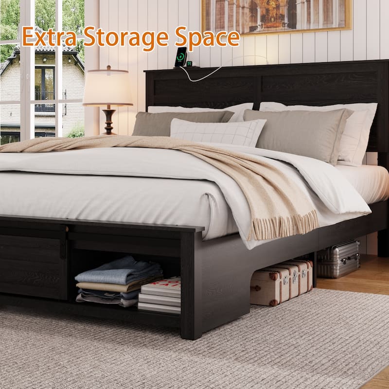 Storage Platform Bed Frame with Touch Light Charging Station Headboard and Endbed Storage Space, Velcro Design Wood Slat Support
