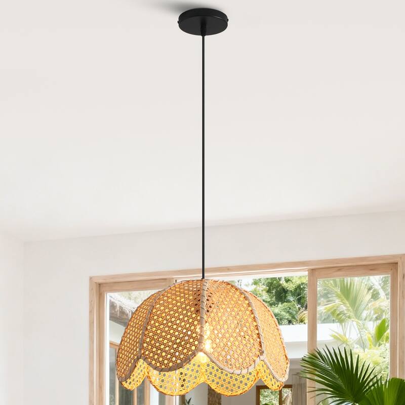 1-Light Farmhouse Flower Shaped Brown Hand-Woven Natural Rattan Hanging Pendant Light - 15.7" W x 55" H