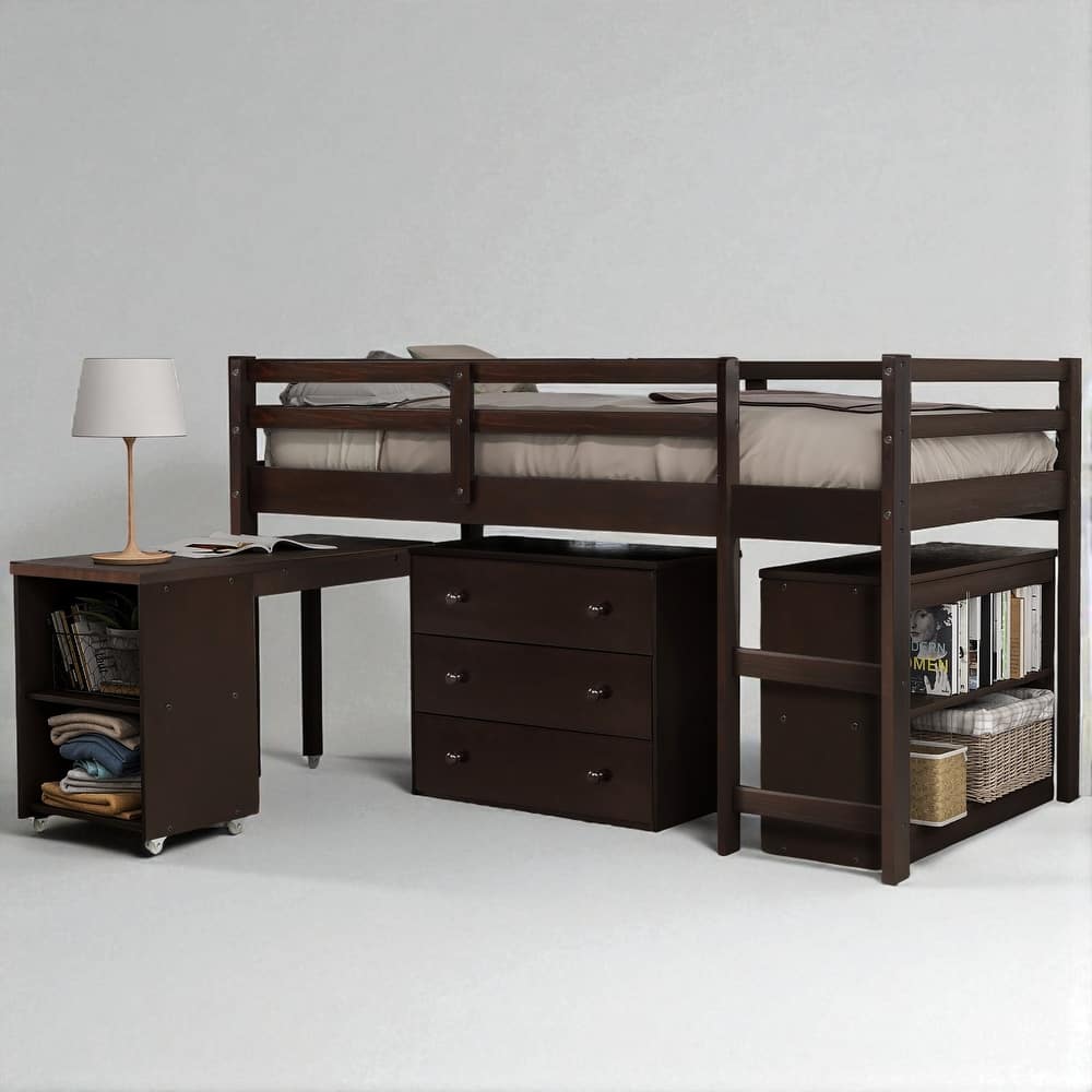 Twin/Full Size Low Loft Bed with Cabinet, Rolling Desk and Bookshelf, Solid Wood Frame for Kids