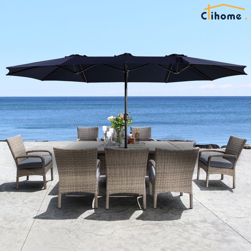 Clihome 15 Ft Outdoor Rectangular Crank Market Umbrella with Base