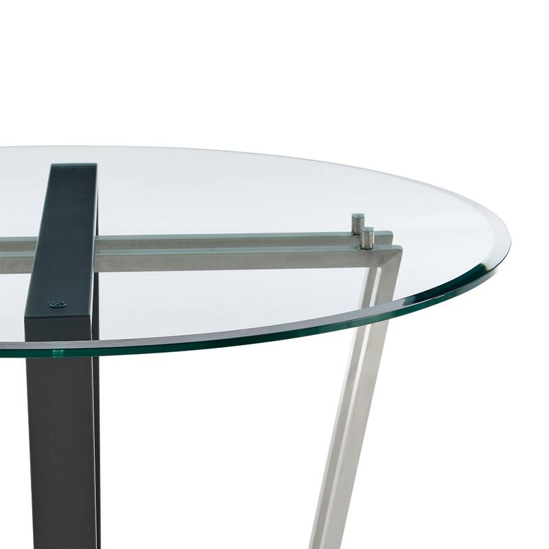 Sanaya Dining Table, 48 Inch Glass Top, Silver Steel, Black Iron - Black, Silver, Clear