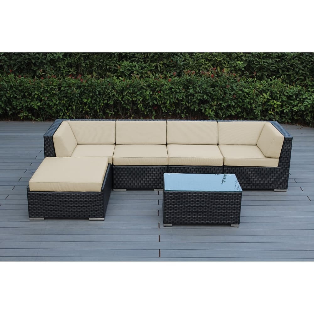 Ohana Outdoor Patio 6 Piece Black Wicker Sofa Sectional with Cushions - No Assembly