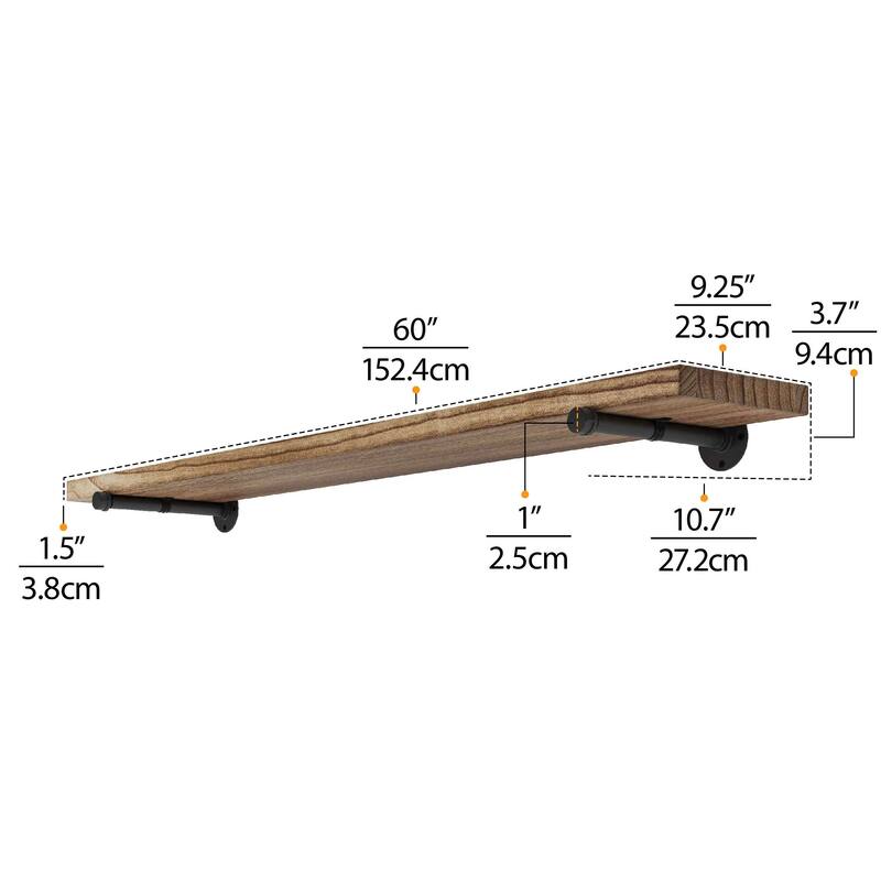 Wallniture 60 or 84 inch Long Wall Shelf, Industrial Pipe Shelving, Wooden Book Shelves for Living Room, Rustic Decor, 1 Pc