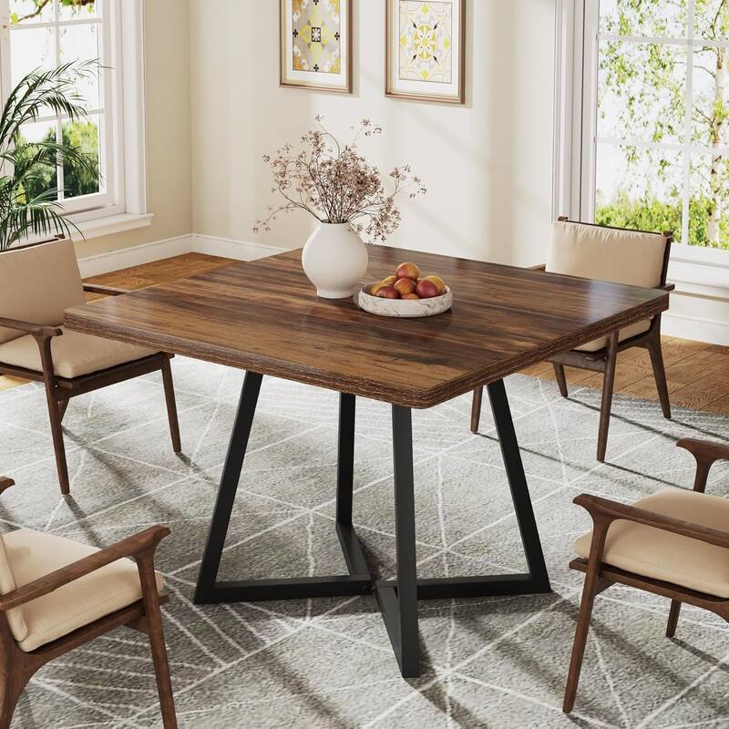 Small Dining Table for 4, 31.5 Inches Industrial Dinner Table with Metal Base - Square - Brown