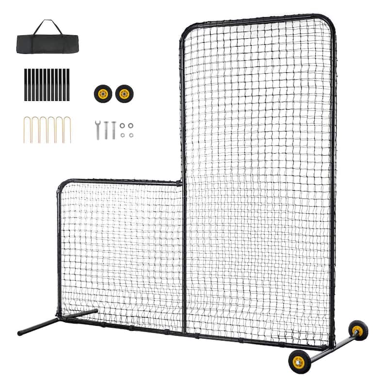 7 x 7 Feet Black Portable L Screen Softball Safety with Carry Bag and Wheel