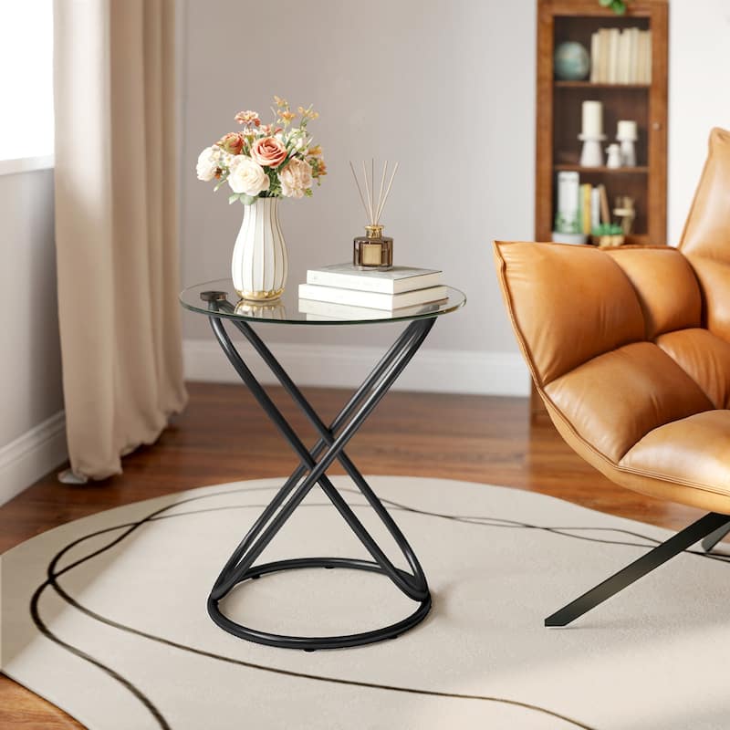 Tempered Glass Round Side/End Table with Metal Legs - 19.7"Dia Top x 21.7"H x 15.6"Dia Base