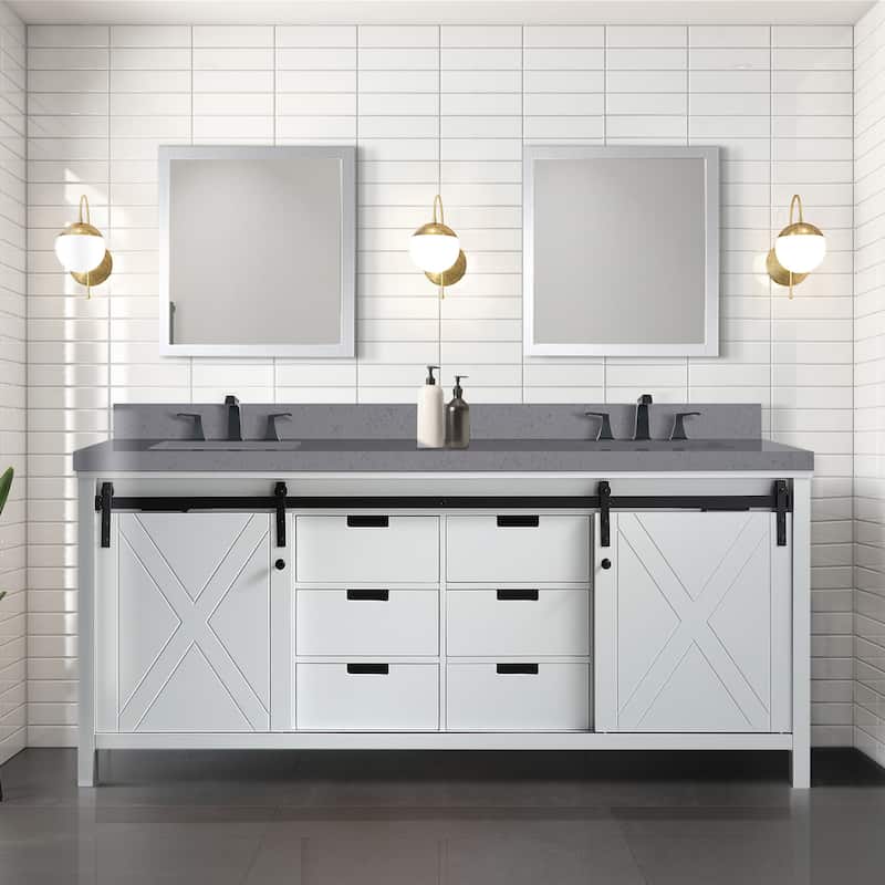 Marsyas 80 in W x 22 in D White Double Bath Vanity, Grey Quartz Countertop, Faucet Set and 30 in Mirrors - White