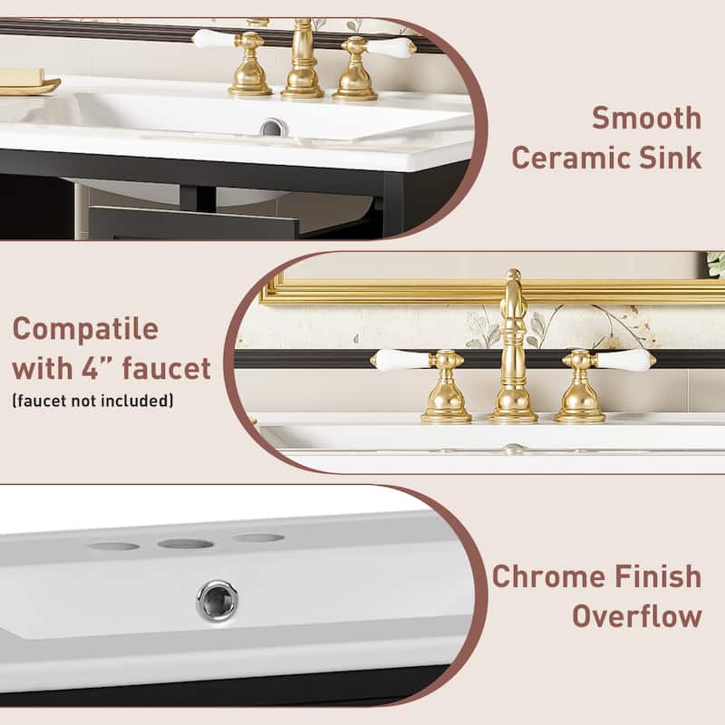 24-Inch Wall-Mounted Bathroom Vanity Set‌ – Space-Saving Cabinet with Ceramic Sink, 2 Drawers & 1 Soft-Close Door.