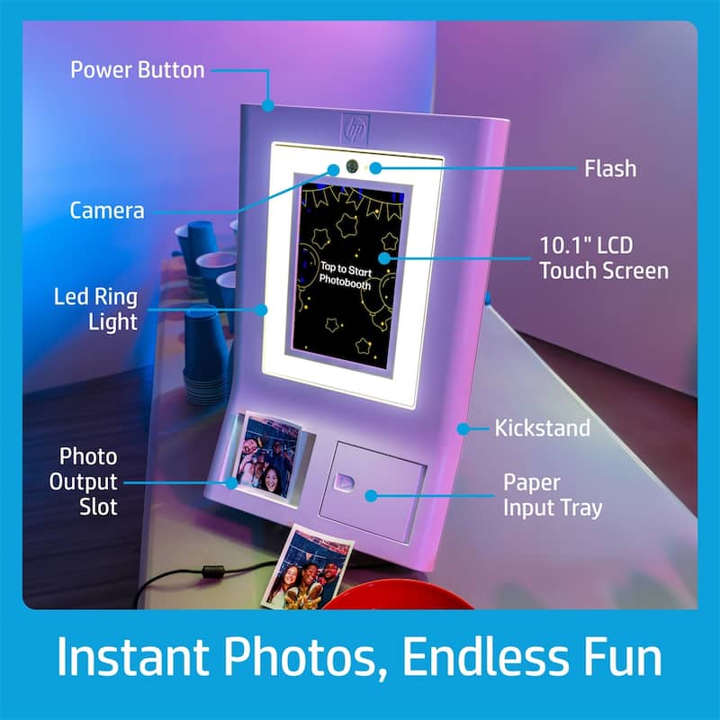 HP Sprocket Photobooth 3" x 4" Color Photo Printer with Touch Screen, LED Ring Light, Wi-Fi - White