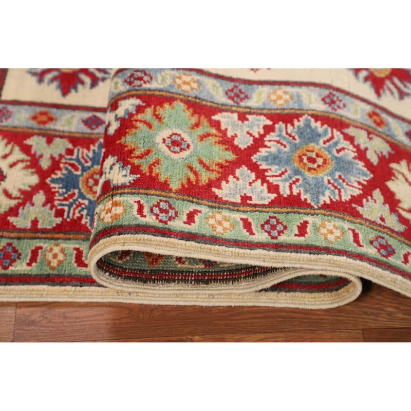 Geometric Beige / Ivory Kazak Oriental Area Rug Handmade Wool Carpet - 4'2" x 5'7"