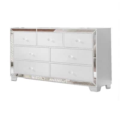 Eli 57 Inch Modern Wood Dresser, 7 Drawers, Mirrored Edges, Clean White