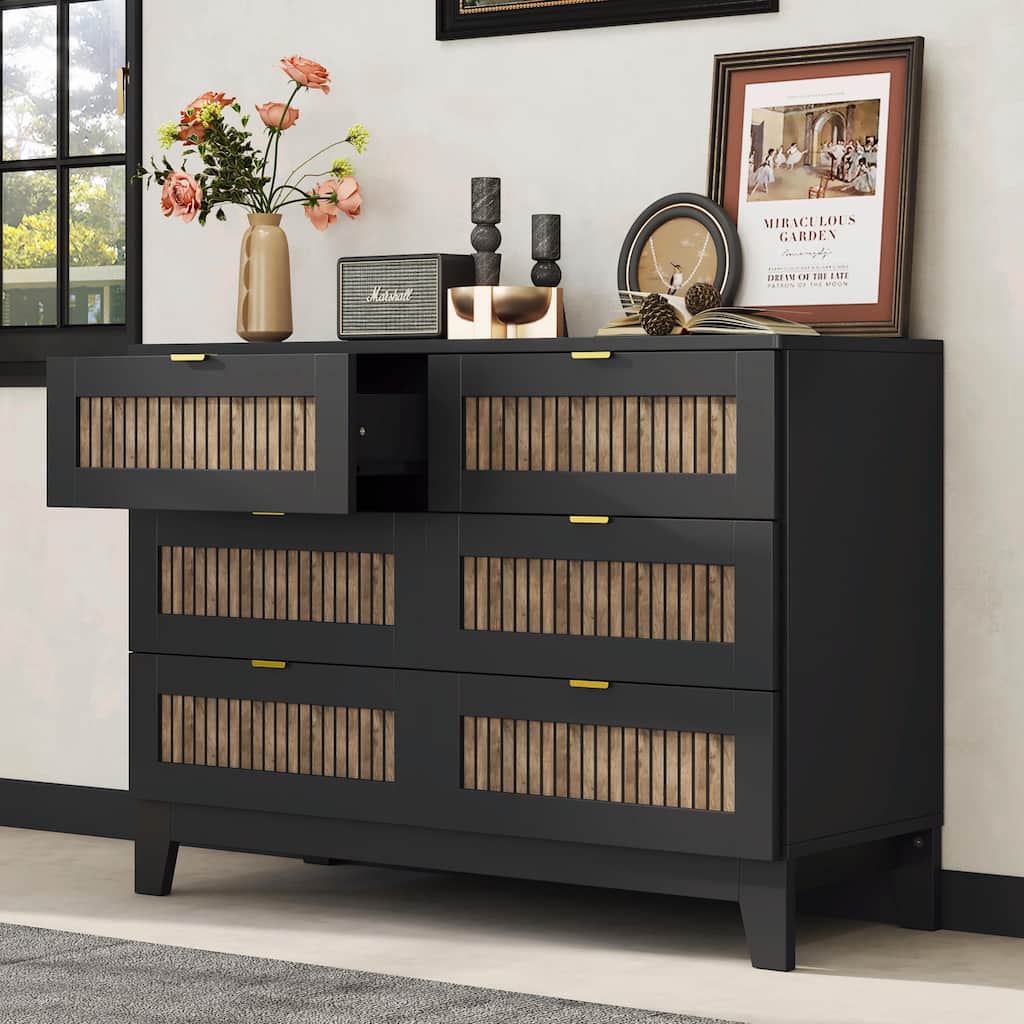 Rustic Farmhouse Style Wooden Dresser with 6 Drawers and Metal Handles