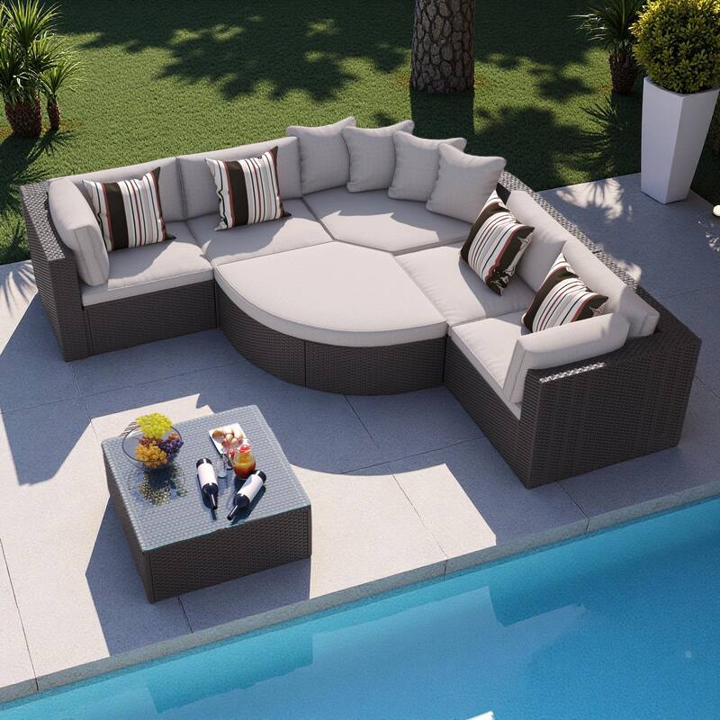 7-Piece Outdoor Patio Sectional Sofa Set with Coffee Table and Striped Pillows, Free Combination