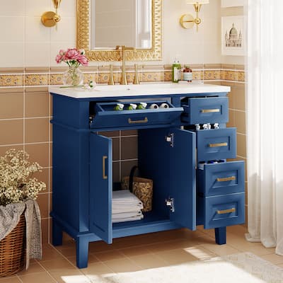 36-Inch Modern Blue Bathroom Vanity with Resin Sink, Soft-Close Doors, and Multi-Functional Drawers for Storage