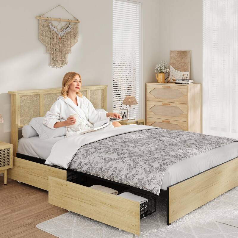 Boho Rattan Headboard Bed Frame with Under-Bed Storage, Sturdy Steel Base & Wooden Slats, No Box Spring Needed