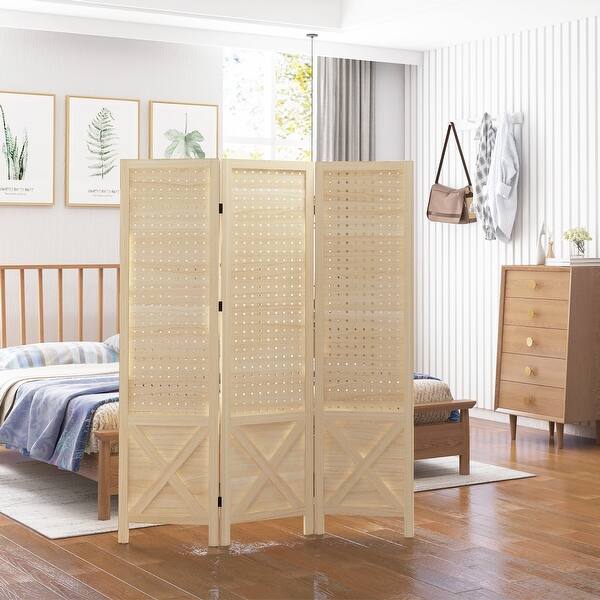 HOMCOM 4 Panel Pegboad Display Oom Divide, Tall Wood Indoor Portable Folding Privacy Screen Partition Wall Divider For Home Office Natural Mheo7058