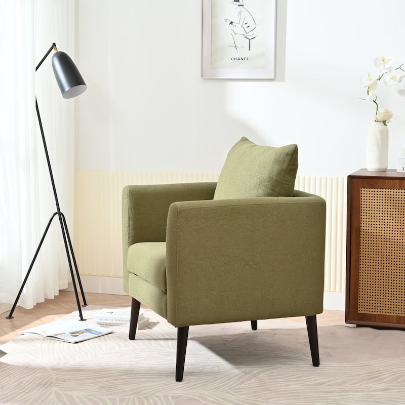 Fabric Accent Chair with Pillow, Ergonomic Upholstered Single Sofa Chair, Lounge Reading Chair with Tapered Wooden Legs