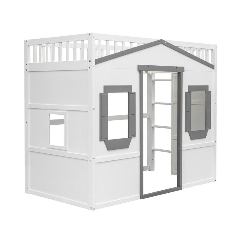Solid Wood House Loft Bed with Window Design and Ladder, Twin/Full Size Playhouse Bed Loft Bed Frame with Guardrail for Kids