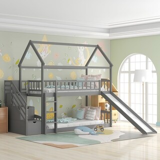Twin Over Twin Wood House Bunk Kids Bed with Storage Stairs & Slide ...