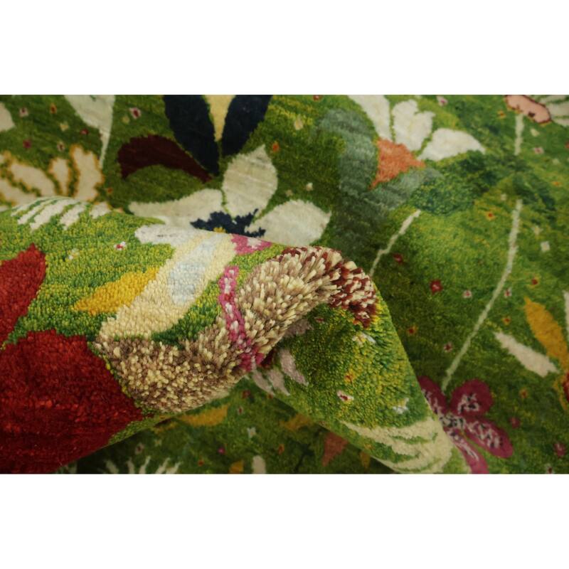 Hand Knotted Oriental 100% Wool Carpet Modern All-Over Green Gabbeh Area Rug - 11' 4'' X 7' 0''