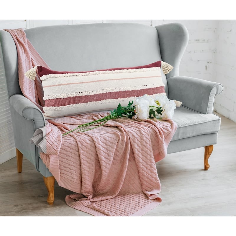 HomeRoots 14" X 36" Red And Off-White 100% Cotton Striped Zippered Pillow