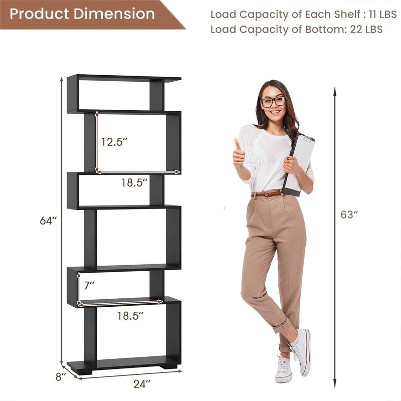 6-Tier Geometric Bookshelf S-Shaped Bookcase Wooden Display Shelf - 1 pcs