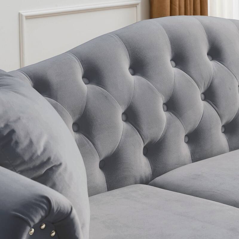 Chesterfield Sofa Velvet for Living Room, 3 Seater Sofa Tufted Couch with Rolled Arms and Nailhead, two pillows 