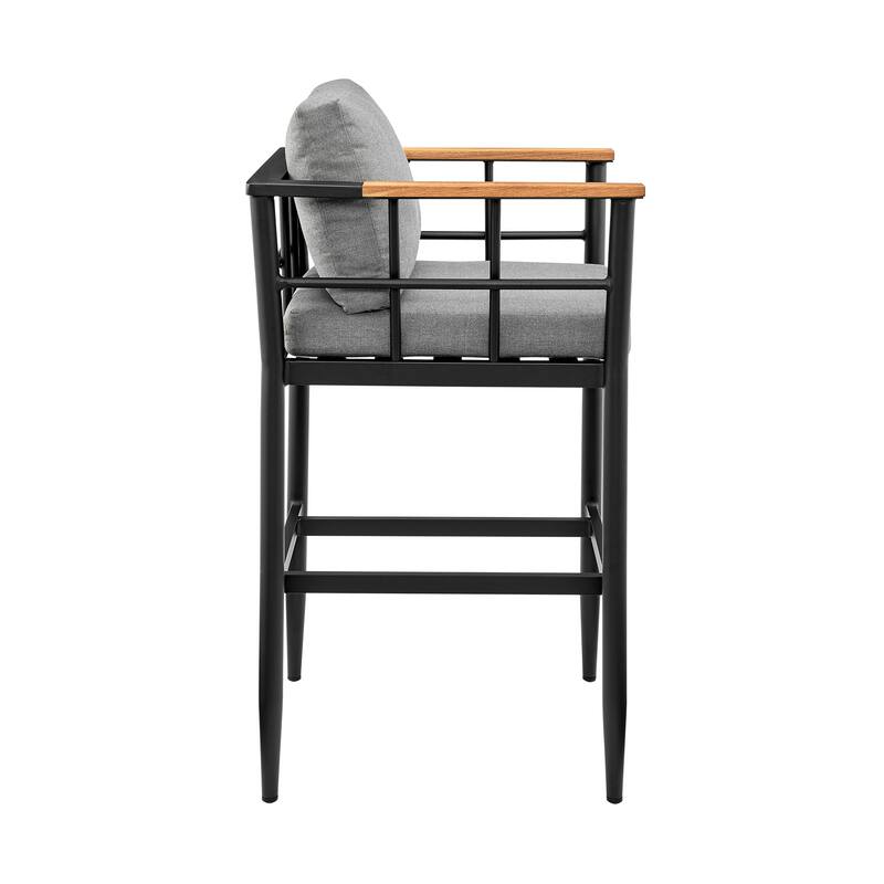 Orlando Outdoor Patio Counter or Bar Height Bar Stool in Aluminum and Teak with Grey Cushions